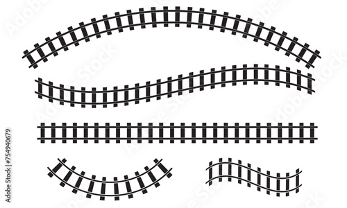 curved railroad isolated on white background. Vector illustration of Straight and curved railway train track icon set. Perspective view railroad train paths