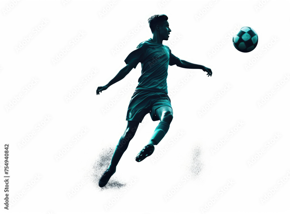 A soccer player is kicking a ball in mid-air