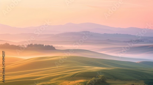 Golden Hour Over Undulating Countryside Hills The golden hour casts a soft glow over rolling hills, creating a dreamlike tapestry of light and shadow in the tranquil countryside.

