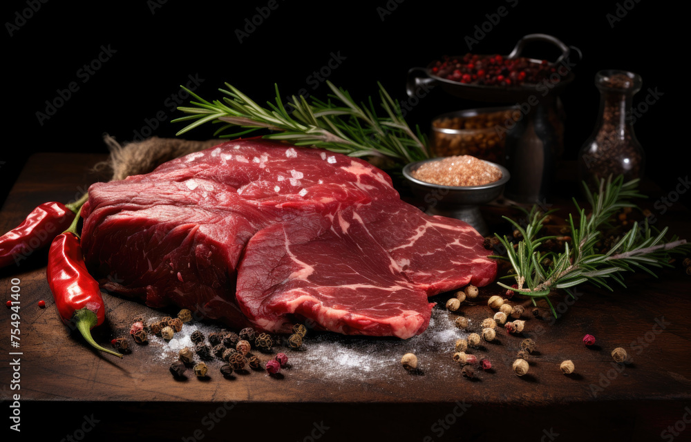 A slab of meat is on a wooden table with a variety of spices