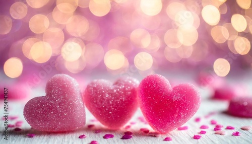 close up jelly pink hearts on a pink white bokeh lights abstract background 3 the perfect valentine s day symbol concept postcard banner glitters copy text space pop soft style