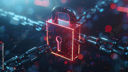 A glowing digital padlock with chains against a dark, abstract background symbolizes robust cybersecurity measures.