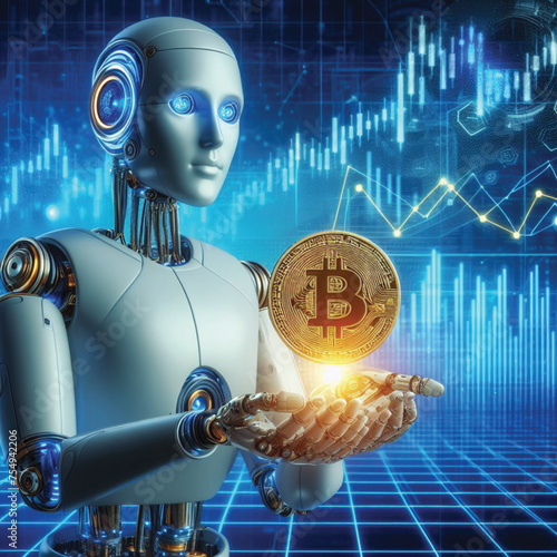 humanoid robot with a face that is half-human, half-metal, holding a Bitcoin in one hand. Surround the robot with various cryptocurrency coins, creating a futuristic and technologically advanced atmos