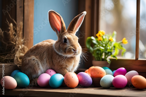 Easter bunny and easter eggs on a wooden window sill, colorful easter background. © Wojciech