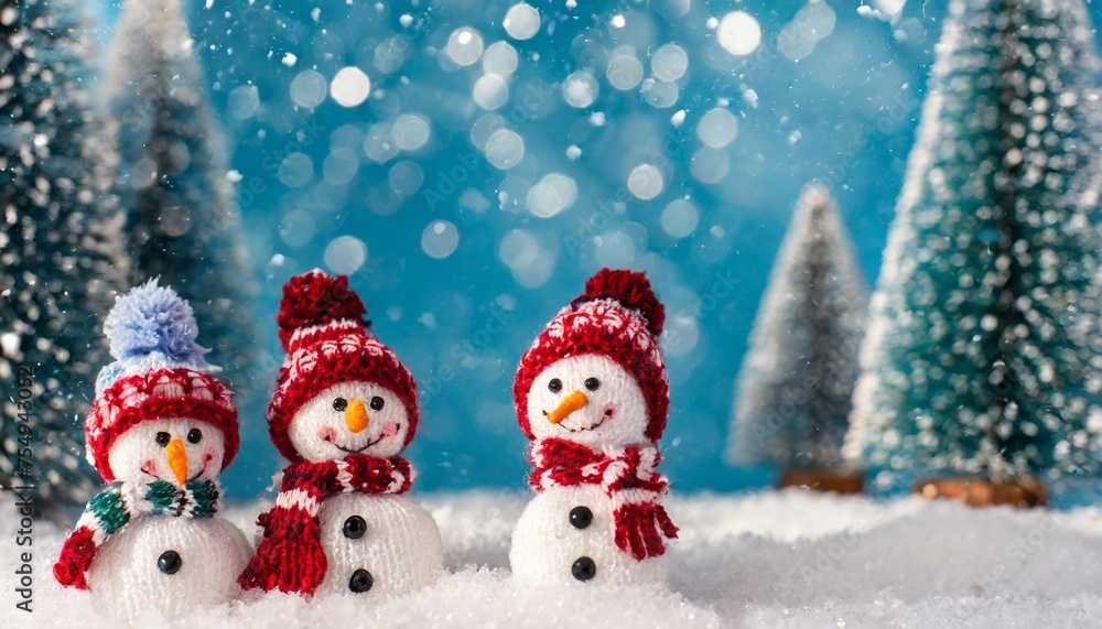 little knitted snowmen on the white snow on blue background