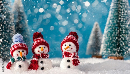 little knitted snowmen on the white snow on blue background