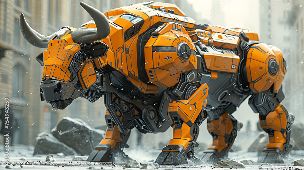 An orange robotic in a city, showcasing advanced technology and innovation. An orange robotic in a city, showcasing advanced technology and innovation.