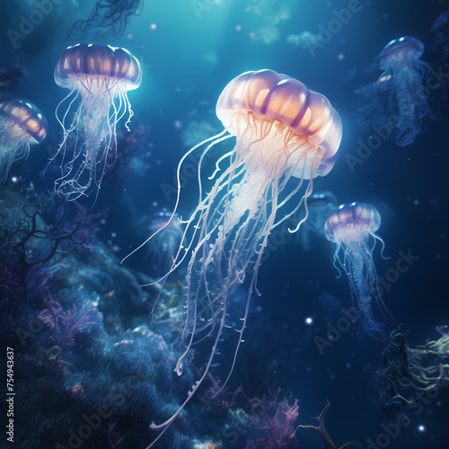 A surreal underwater scene with floating jellyfish © Cao