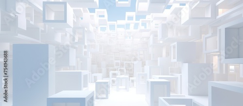 A white room is densely packed with numerous white cubes  creating a striking visual of geometric shapes. Large windows allow natural light to filter in 