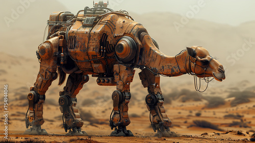 This mechanical robotic camel, designed for desert travel, combines advanced robotics with the challenge of navigating sand. © dragonflypor9