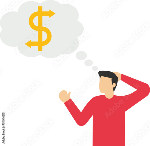 Money decision, investment choice or option to make profit, buy or rent, pay off debt or invest, select best earning asset. Confused businessman thinking about investment choice.

