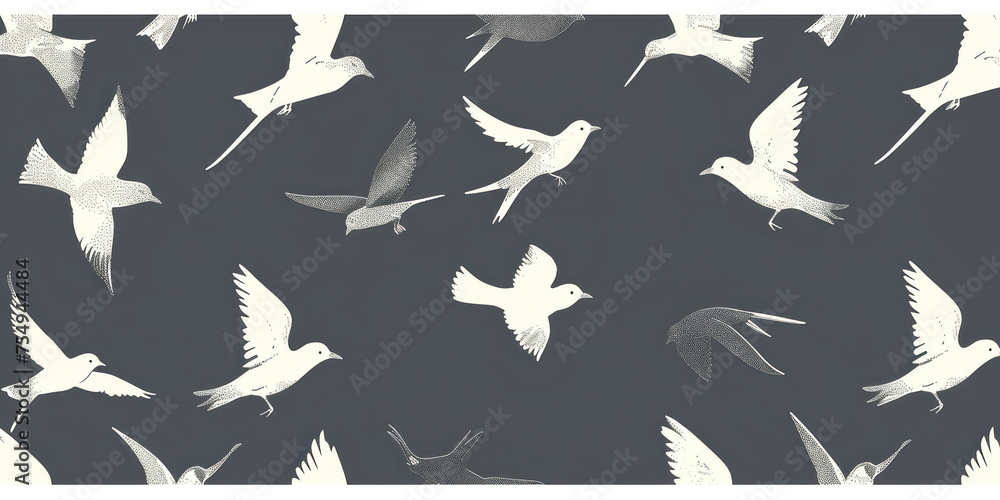 Monochrome pattern of birds flying in the night sky with a central white bird surrounded by darkness Monochrome pattern of birds flying in the night sky with a central white bird surrounded by darkness