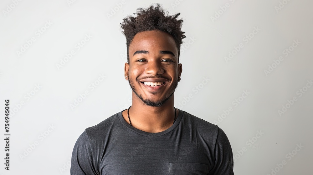Obraz premium Young black boy, smiling portrait on white background, wears black t-shirt, short afro hair.
