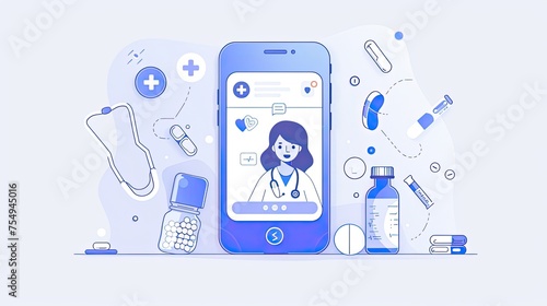 Minimalist clip art illustration of a phone with a video call, and doctor on the screen.