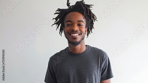 Young black boy, smiling portrait on white background, wears black t-shirt, short afro hair.