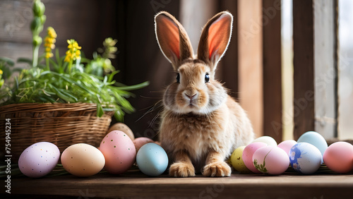 Easter bunny and easter eggs on a wooden window sill, colorful easter background. © Wojciech