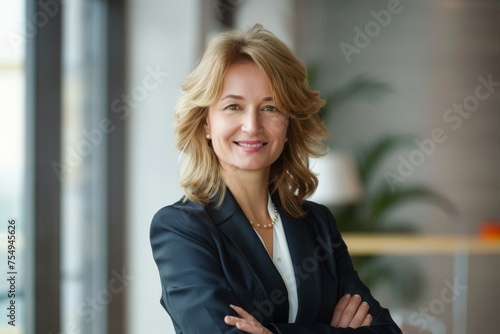 Free Download Confident portrait of a middle-aged business woman, successful in her career, smiling and wearing a suit in the company or office. - GFXLoad