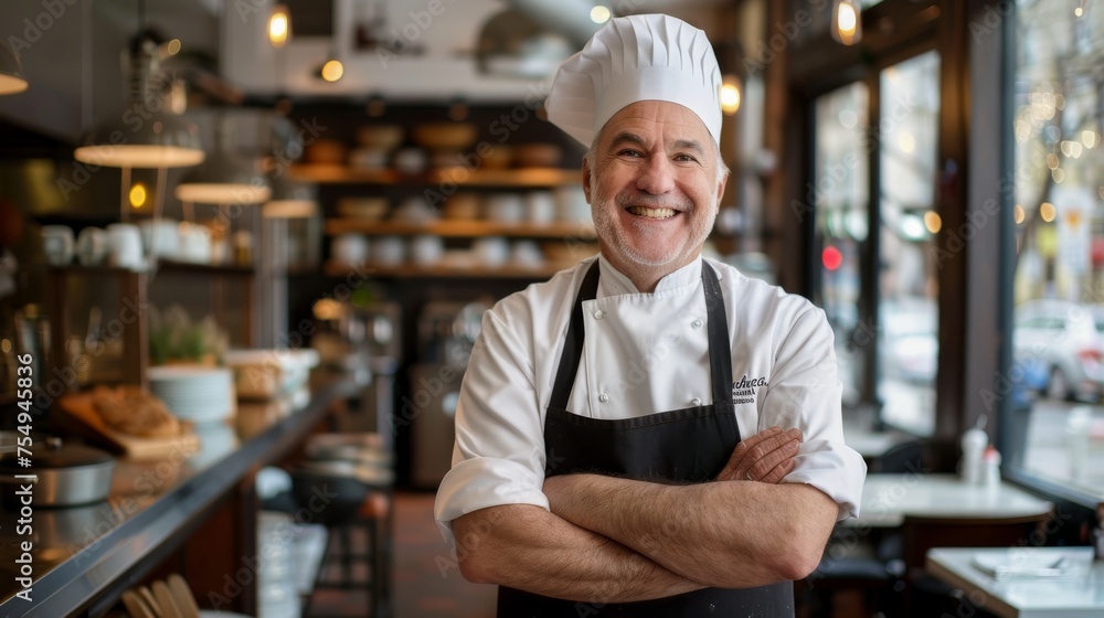 Smiling middle aged male chef with chef hat and crossed arms wears apron standing in the kitchen of his restaurant