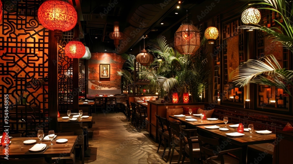Obraz premium An elegant Chinese dining setting with intricate lanterns casting a warm glow over wooden tables and decor.