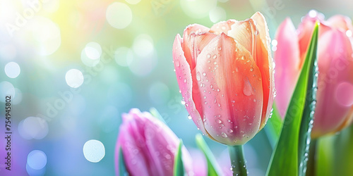Beautiful Pink Tulips Glistening with Water Droplets in Front of Bright Light  Spring Blooms in Full Radiance