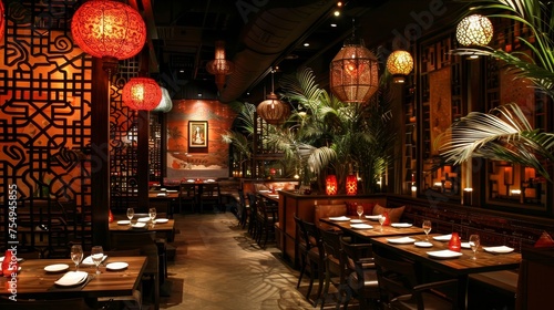 An elegant Chinese dining setting with intricate lanterns casting a warm glow over wooden tables and decor.