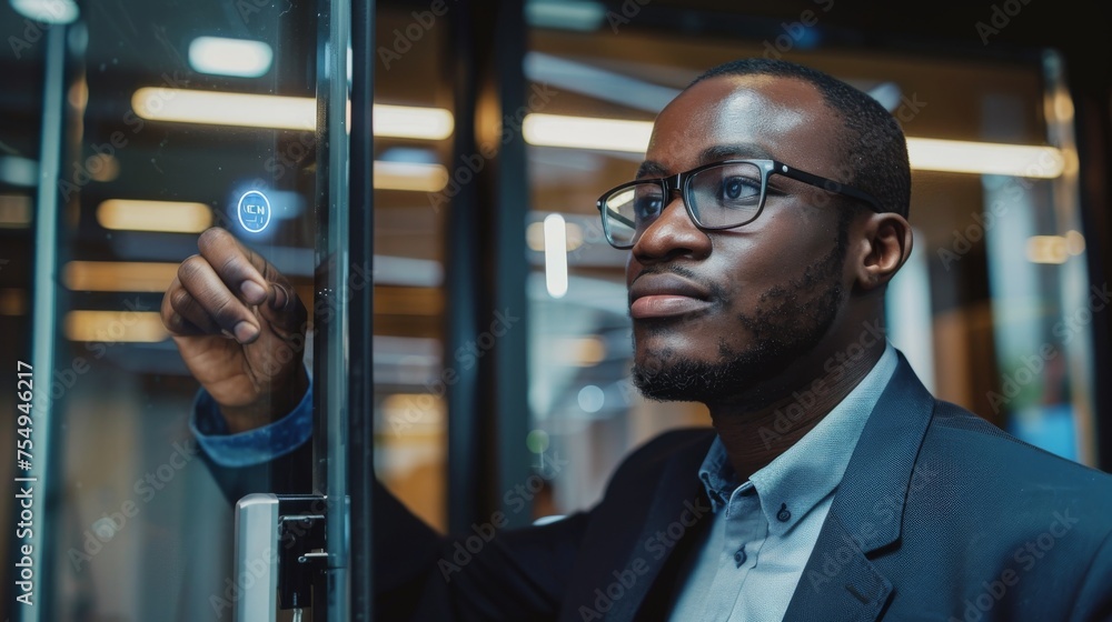 Naklejka premium A man uses a finger scanner to unlock a glass door in the office building where he works.