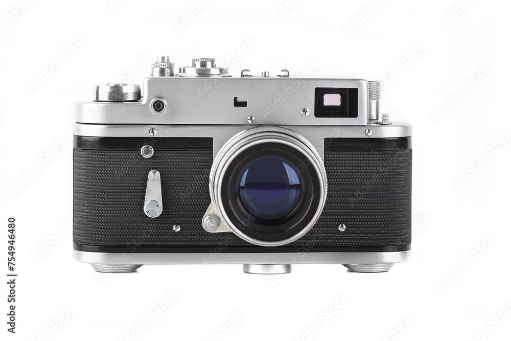 Vintage rangefinder camera 70s on white background.