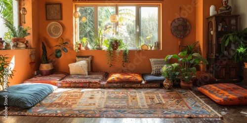 Boho Scandinavian style in farmhouse interior. Bedroom with natural wooden furniture.