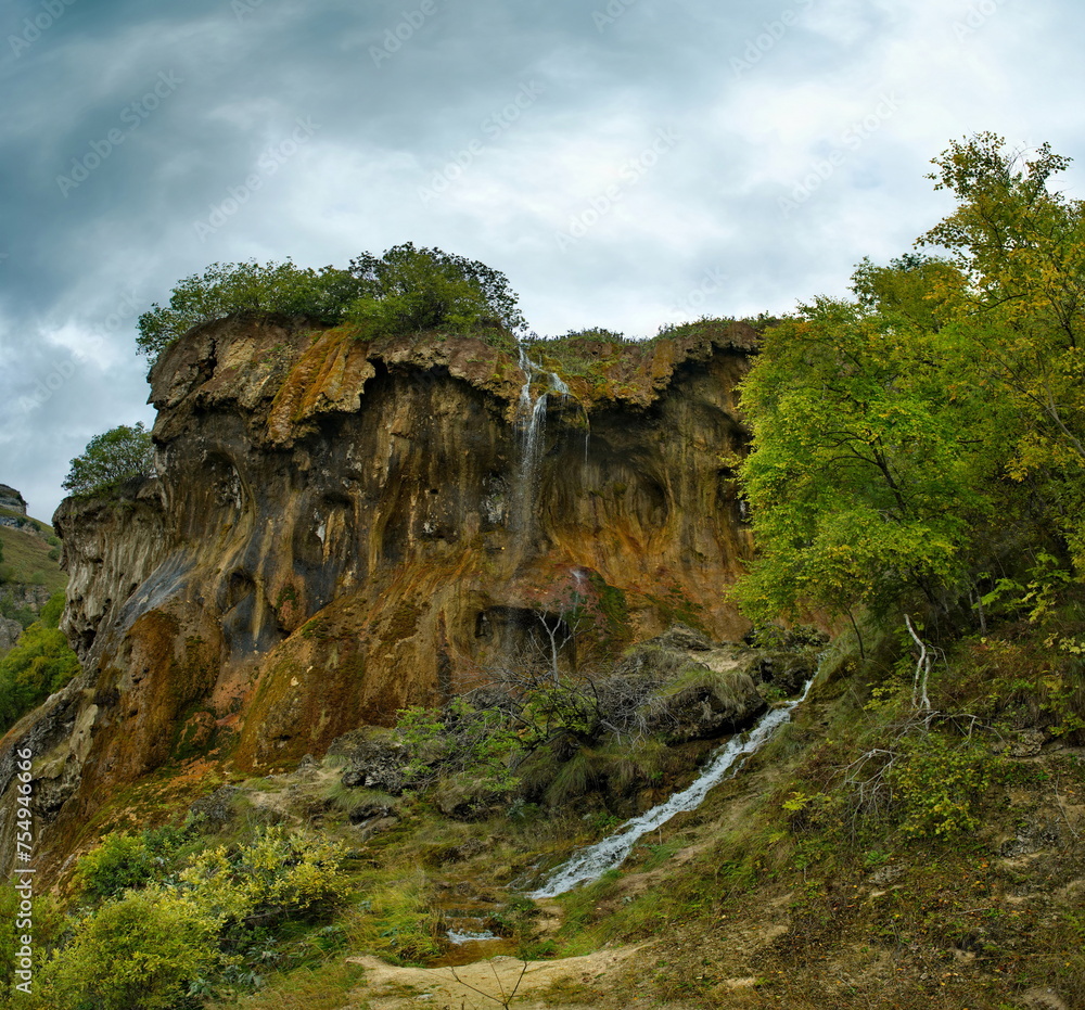 Russia. Kabardino-Balkaria. View of the unusual waterfall on the Gedmysh river, named 70 jets and the Royal Crown.