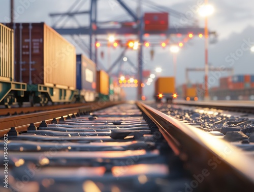 Cargo train loaded with colorful containers at a bustling port, showcasing efficient logistics and transportation.