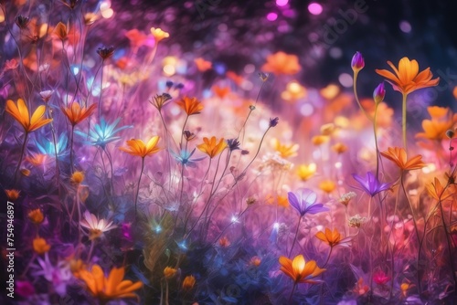 illustration of a field of luminescent pink flowers © boying