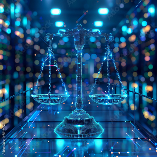 A digital landscape showcasing the duality of legal scales against a backdrop of a futuristic data center.