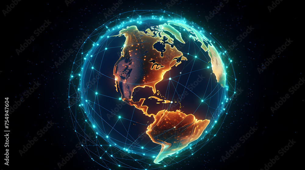 Obraz premium Digital technology network big data effect connected node cluster network, abstract connection background line sphere