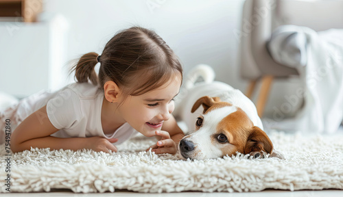 A Girl lying down and playing with a dog