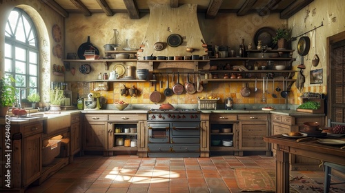 Sun-drenched rustic farmhouse kitchen with wooden beams, terracotta tiles, and an array of copper cookware and pottery.