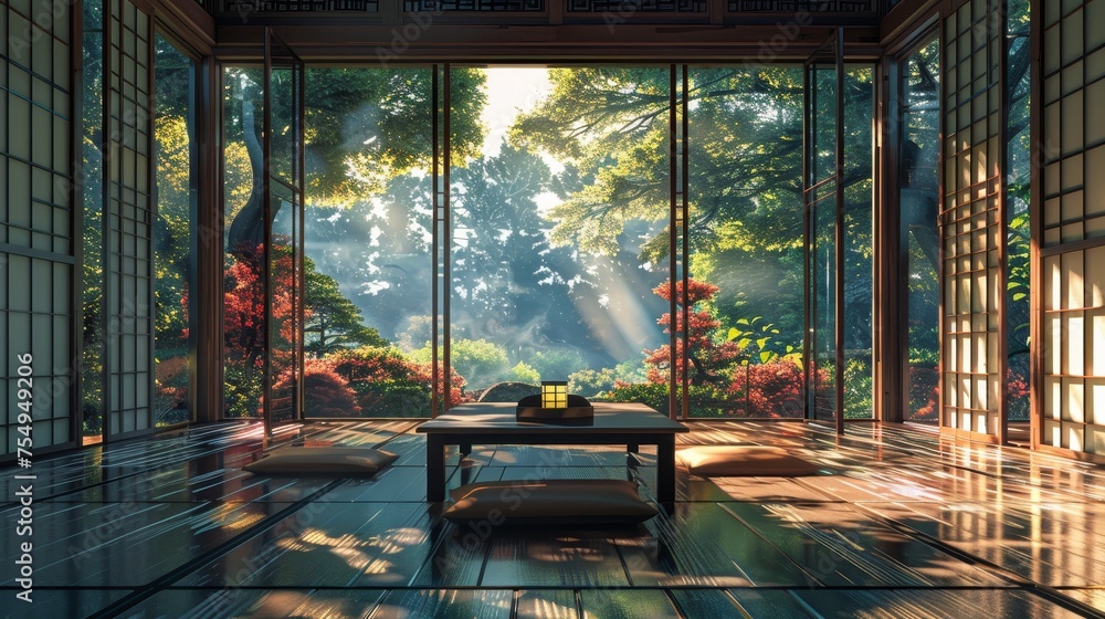 Serene traditional Japanese room with sliding shoji doors opening to a tranquil forest, inviting peaceful contemplation.