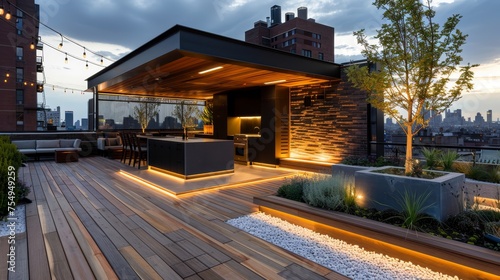 An urban rooftop terrace featuring sleek LED lighting, comfortable seating, and panoramic city skyline views at dusk. photo