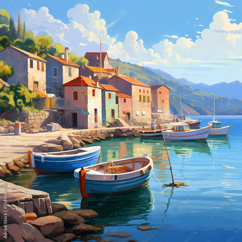Scenic coastal village with fishing boats. 