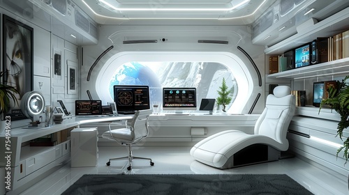 A modern and sleek space station command center with views of Earth, showcasing advanced technology. © Sodapeaw