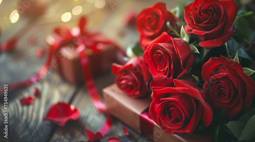 Bouquet of red roses and gift with ribbons