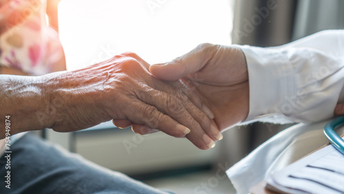 Parkinson disease patient, Alzheimer elderly senior, Arthritis person's hand in support of geriatric doctor or nursing caregiver, for disability awareness day, ageing society care service