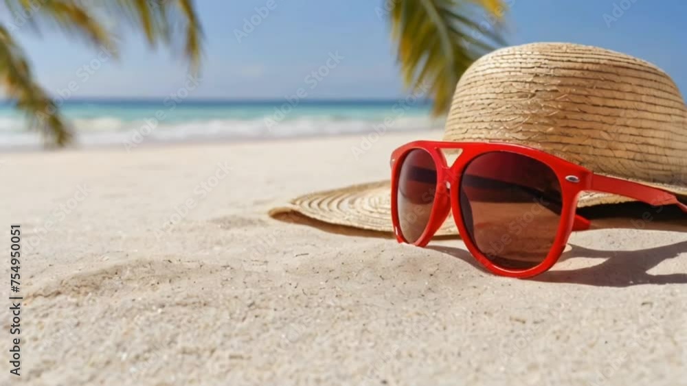 sunglasses an a hat in the white sand at the beach sunglasses an a hat in the white sand at the beach