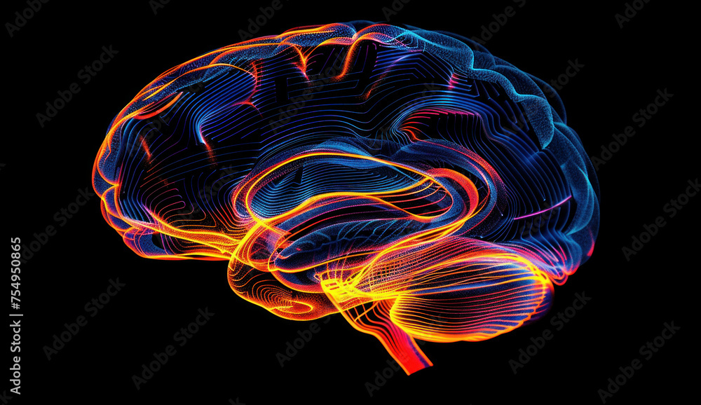 Mysterious and glowing human brain on a dark background with red and blue illumination Mysterious and glowing human brain on a dark background with red and blue illumination