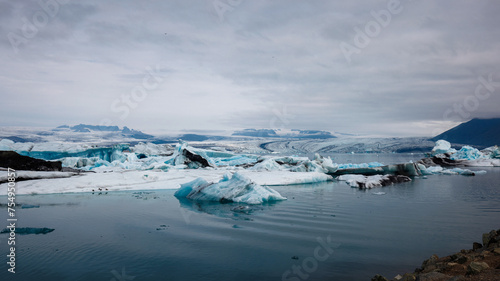 Amazing landscape of Jokulsarlon, the world's most famous glacier lagoon, aerial shot. Travel and adventure concepts.