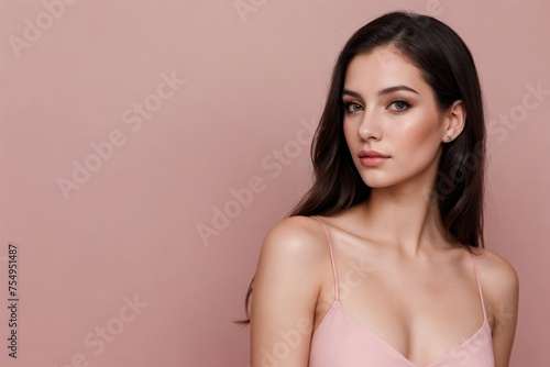 Young American woman model posing on a pink background with copy space. Woman with beautiful skin.  Cosmetic and Skincare Concept.