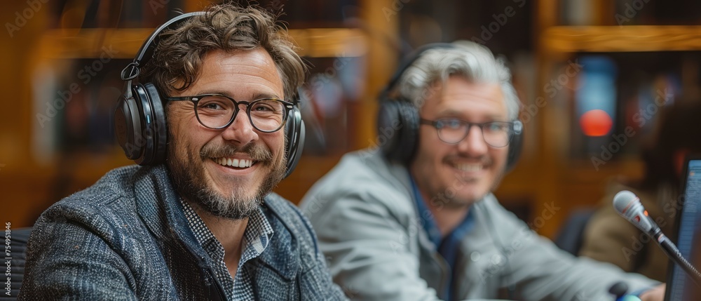 Man podcaster make audio podcast at studio. Man podcaster make audio podcast at studio.