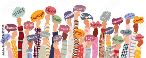 Many hands raised of diverse and multicultural children and teens holding speech bubbles with text Thank you in various international languages. Diversity kids. Gratitude. Solidarity © melita
