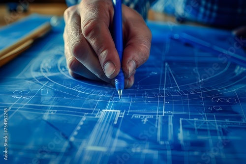 Hand Drawing Blueprints on Table in Precisionism Style, To convey the concept of architects and designers creating precise and detailed plans for