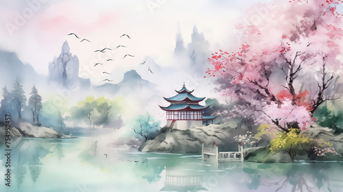 Watercolor illustration of pagoda in the Spring with sakura trees and beautiful lake