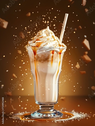 Caramel Whipped Cream Shake in Realistic and Aggressive Digital Illustration, To be used as a visually stunning and eye-catching image for
